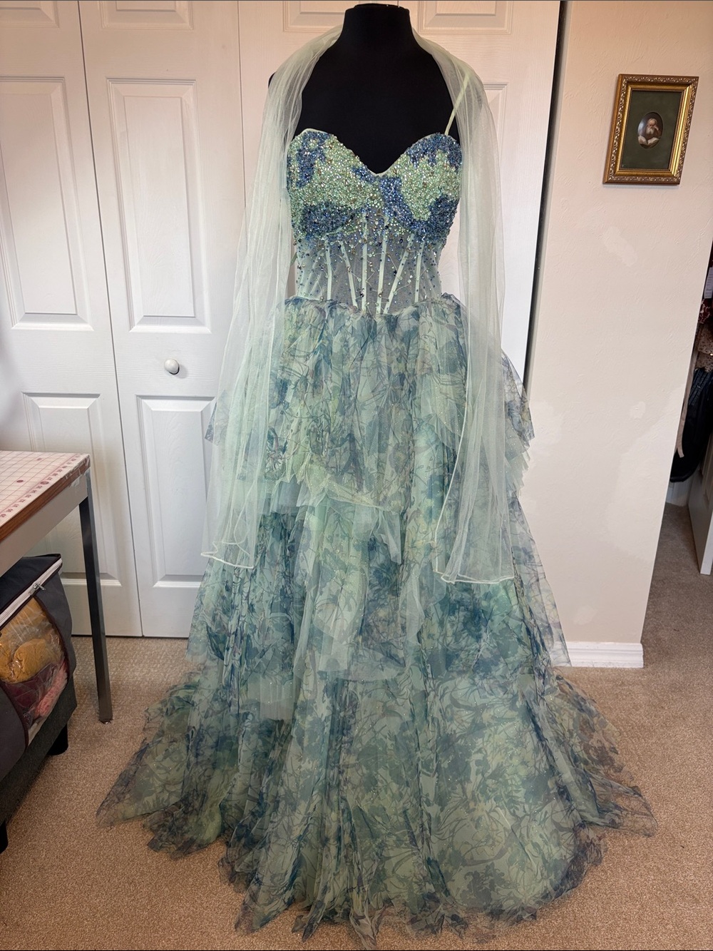 NWT Colors Dress Sage Green Tiered Tulle Ballgown – Size 12.